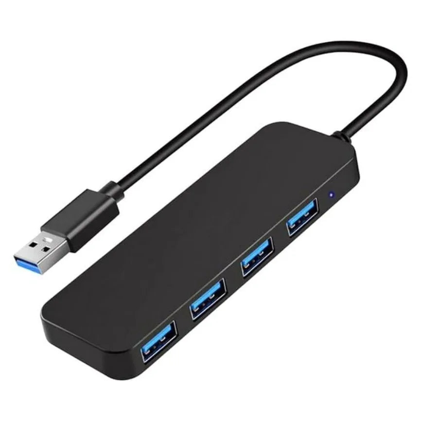 A black 4-port USB 3.0 hub adapter with a flexible cable.