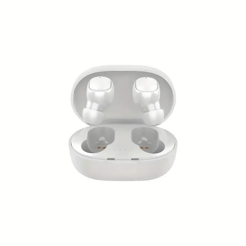 Estuche blanco de carga para auriculares inalámbricos Bluetooth.