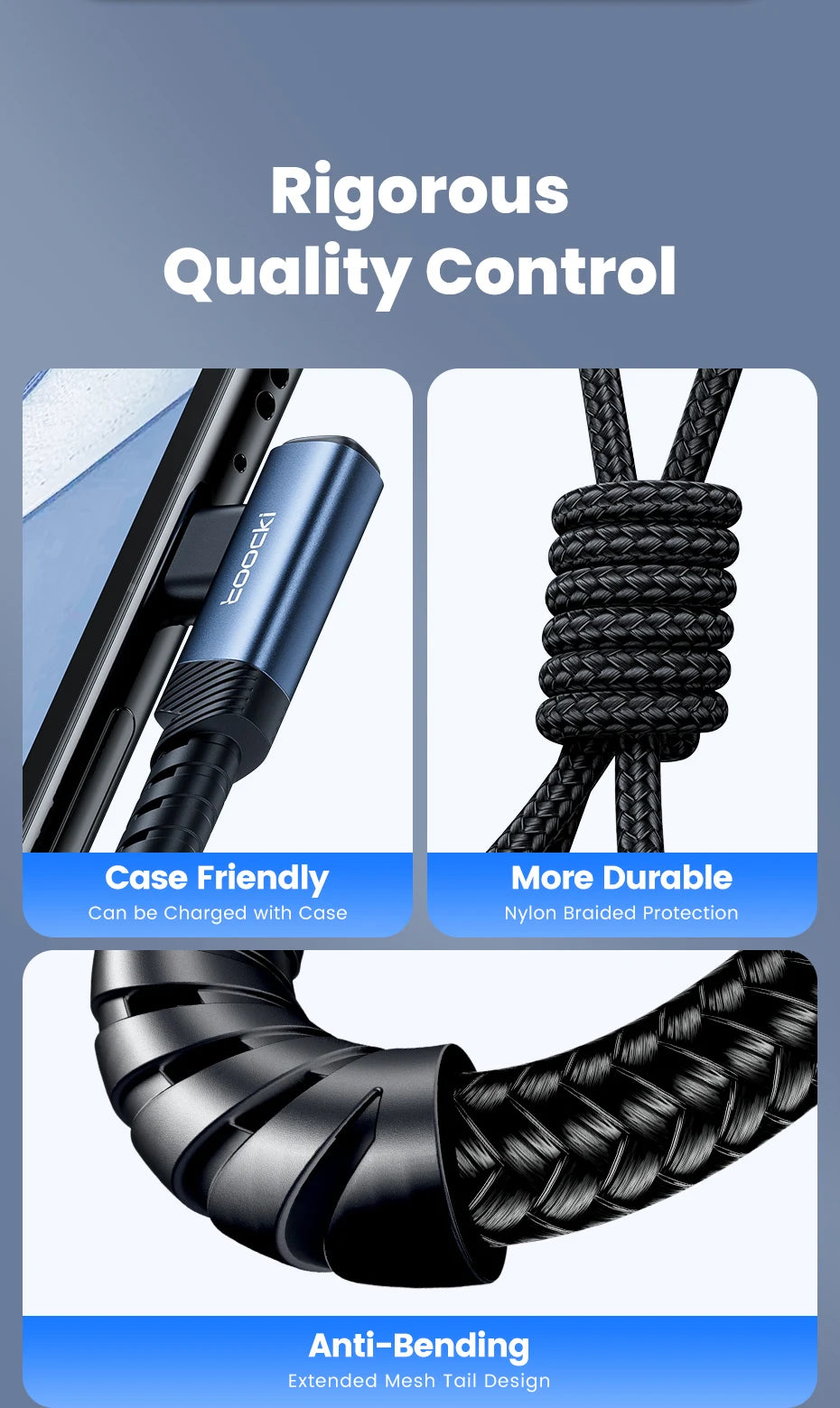 Black nylon braided charging cable with a right-angle connector and mesh tail design