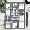 A spiral-bound planner workbook with various sections for end of life planning and final wishes on a white marble surface.