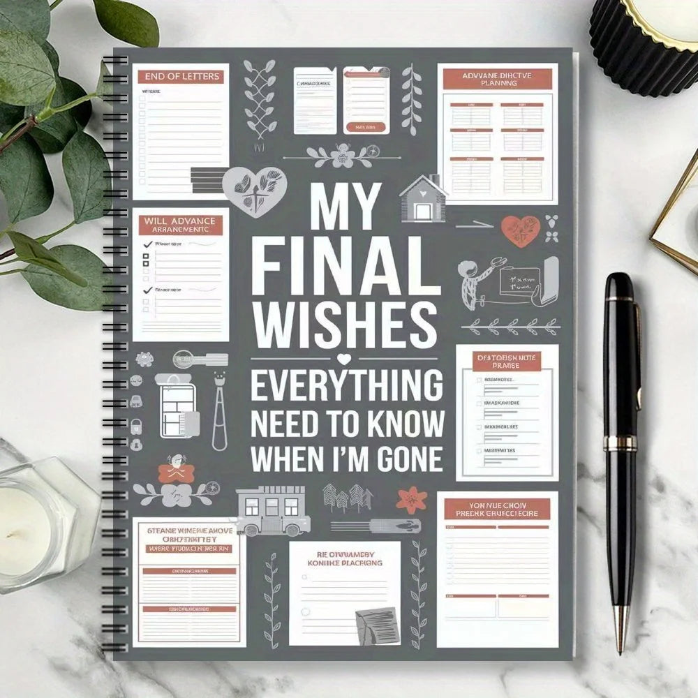 A spiral-bound planner workbook with various sections for end of life planning and final wishes on a white marble surface.