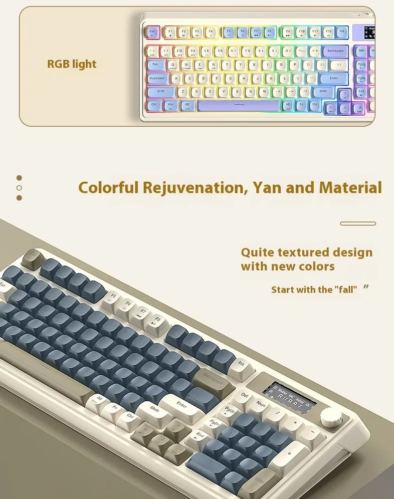A close-up view of a light-colored mechanical keyboard with blue and gray keys, showing colorful RGB lighting.