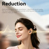 A woman is shown wearing dual noise reduction earbuds, demonstrating pure sound quality.