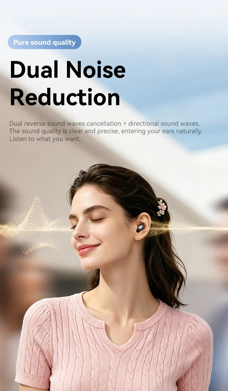 A woman is shown wearing dual noise reduction earbuds, demonstrating pure sound quality.