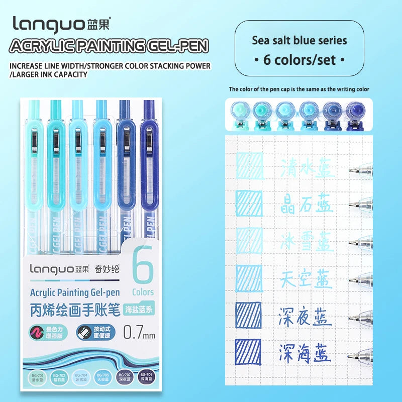 A set of six Sea salt blue acrylic painting gel pens with various shades and tips.