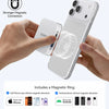 A hand holds a white smartphone with a magnetic ring accessory, demonstrating a stronger magnetic connection.