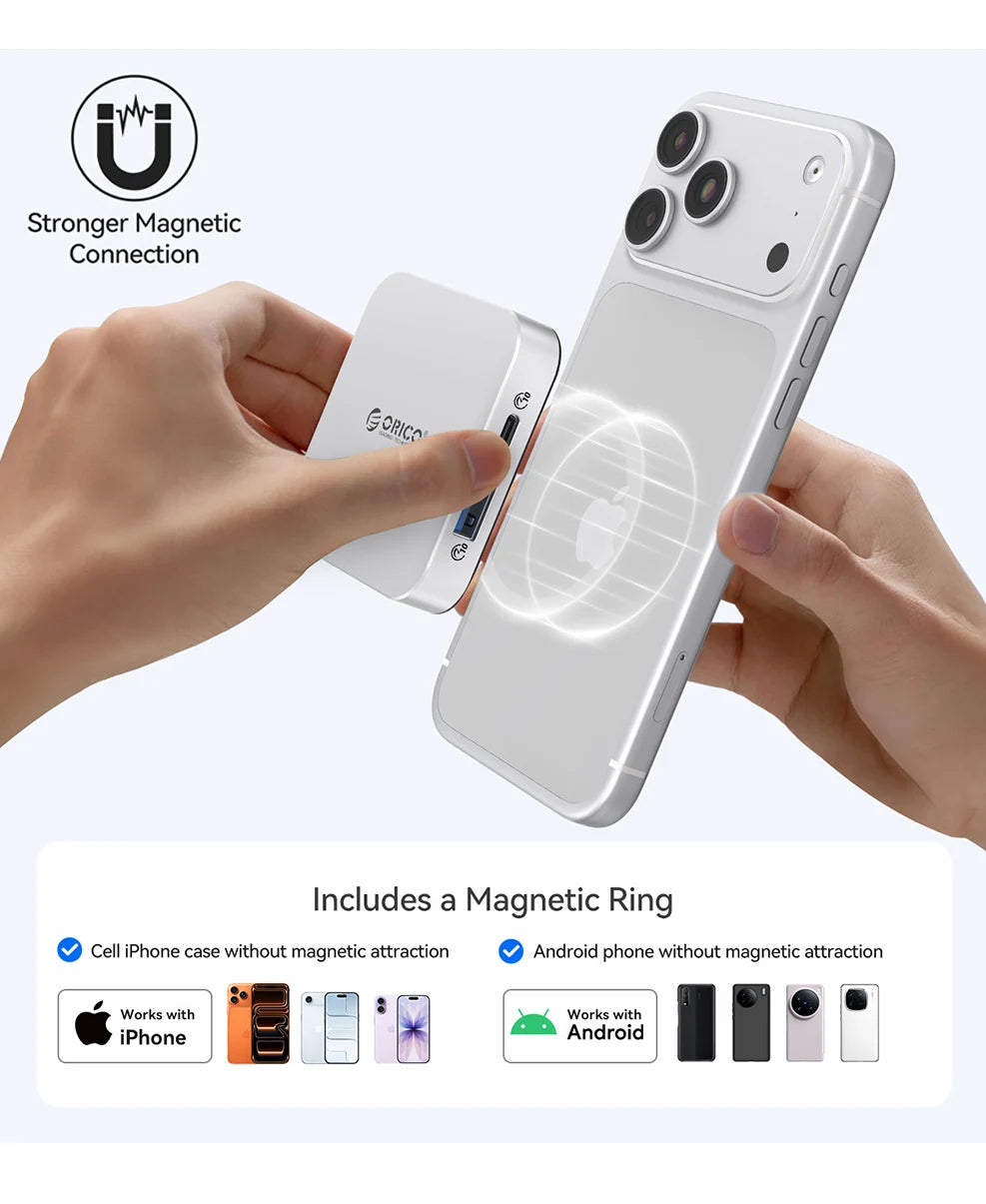 A hand holds a white smartphone with a magnetic ring accessory, demonstrating a stronger magnetic connection.