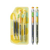 A set of color changing fidget pens in various colors stored in a yellow plastic container.