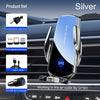 Silver wireless fast charger phone mount with a Type C cable and magnetic suction joints shown in a car air outlet context.