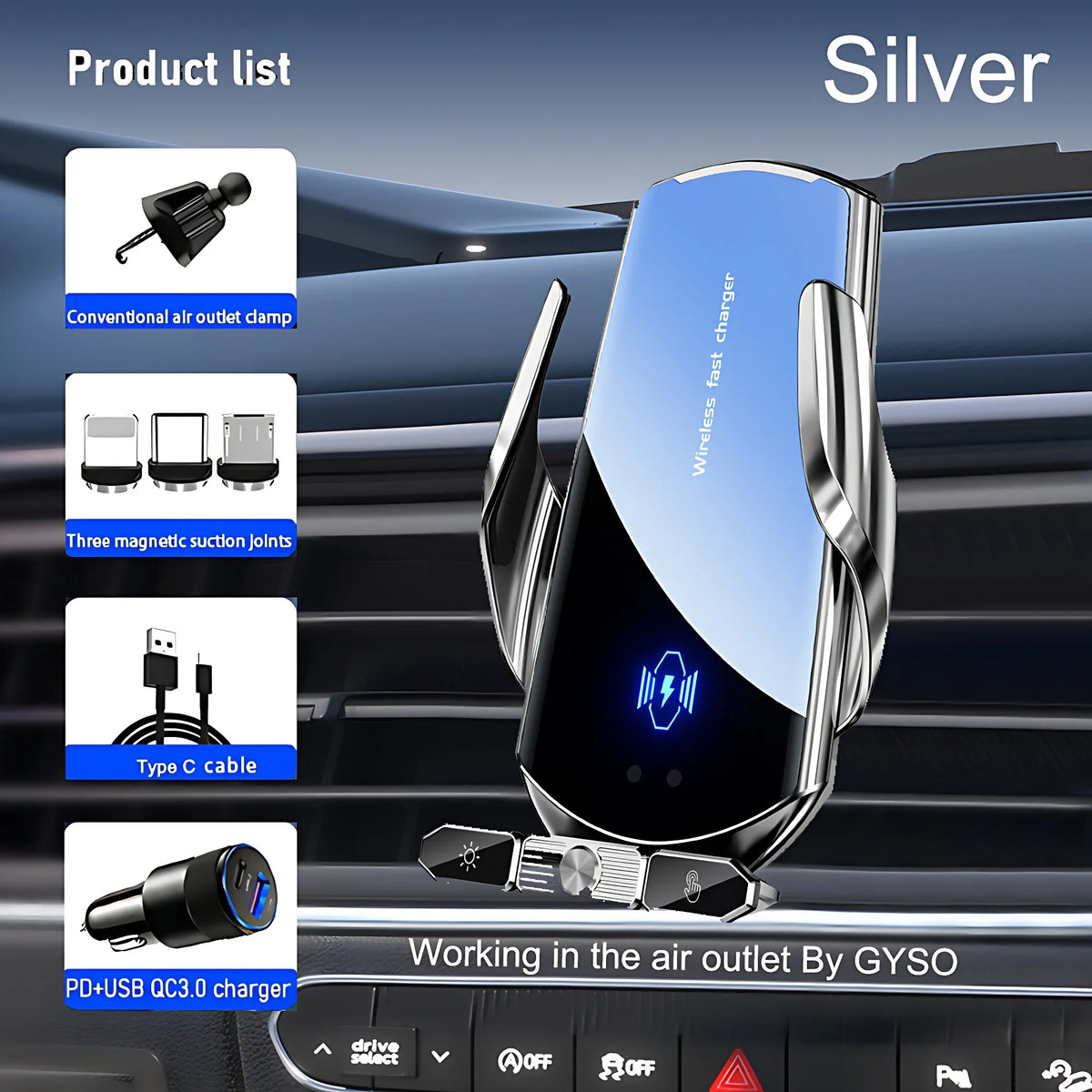 Silver wireless fast charger phone mount with a Type C cable and magnetic suction joints shown in a car air outlet context.