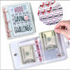 A clear plastic binder for a $1000 saving challenge with cash and notes inside.