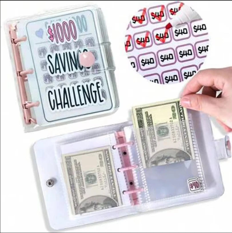 A clear plastic binder for a $1000 saving challenge with cash and notes inside.