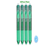 A set of four green retractable gel pens with blue caps and a blue cleaning disc.