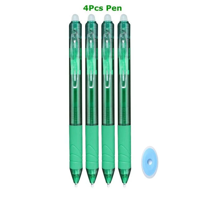 A set of four green retractable gel pens with blue caps and a blue cleaning disc.