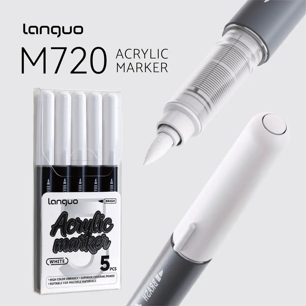 A close-up view of a Languo M720 acrylic marker set in white packaging and a gray marker pen.
