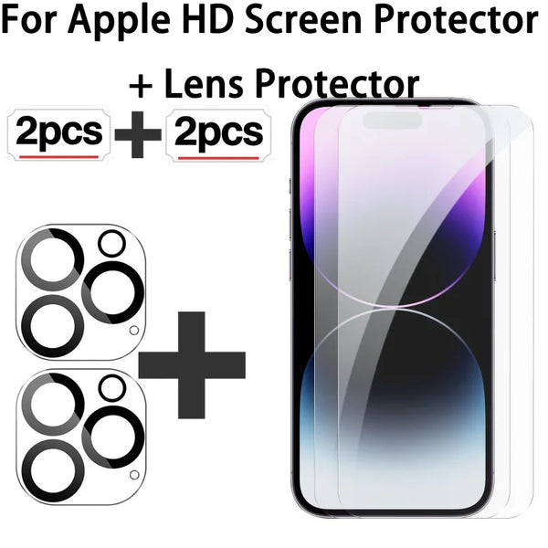 Set of two HD screen protectors and two lens protectors for an Apple device