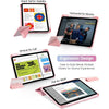 A pink universal protective case for an iPad is shown in various orientations and contexts.