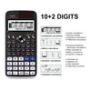 A black scientific calculator displaying a 10+2 digits screen and various mathematical functions.