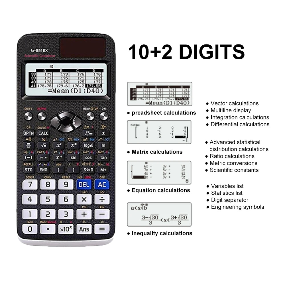A black scientific calculator displaying a 10+2 digits screen and various mathematical functions.