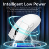 A white high-performance wireless gaming mouse is shown with blue energy effects, highlighting its intelligent low power feat