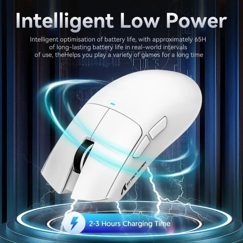 A white high-performance wireless gaming mouse is shown with blue energy effects, highlighting its intelligent low power feat