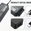 Detail presentation of a black 65W USB-C laptop charger with various views and connectors.