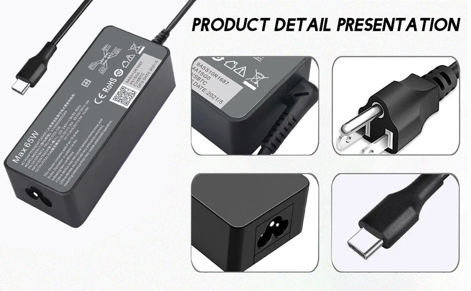 Detail presentation of a black 65W USB-C laptop charger with various views and connectors.