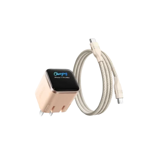 A beige charging cable connected to a smartphone charger, indicating power transfer.