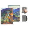 A premium leather case for a Kindle Paperwhite shows the device and various angles of the protective cover.