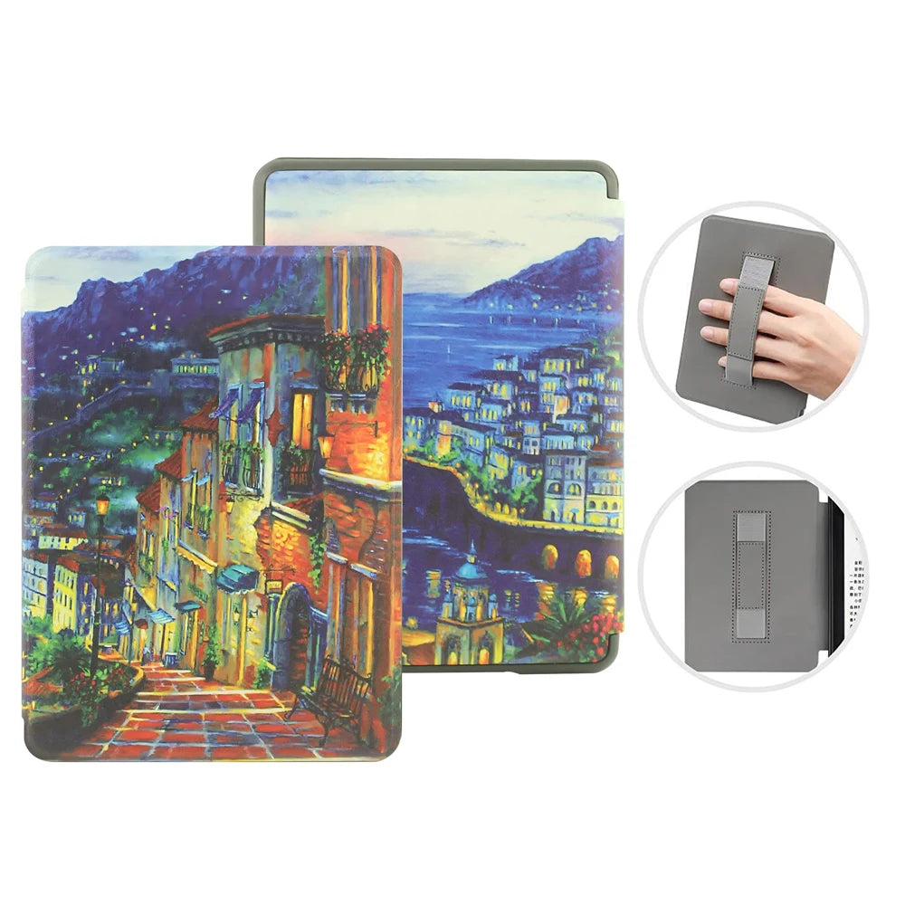 A premium leather case for a Kindle Paperwhite shows the device and various angles of the protective cover.