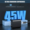 A blue 45W USB-C fast charger is shown next to text indicating charging capabilities for various Samsung and Apple devices.