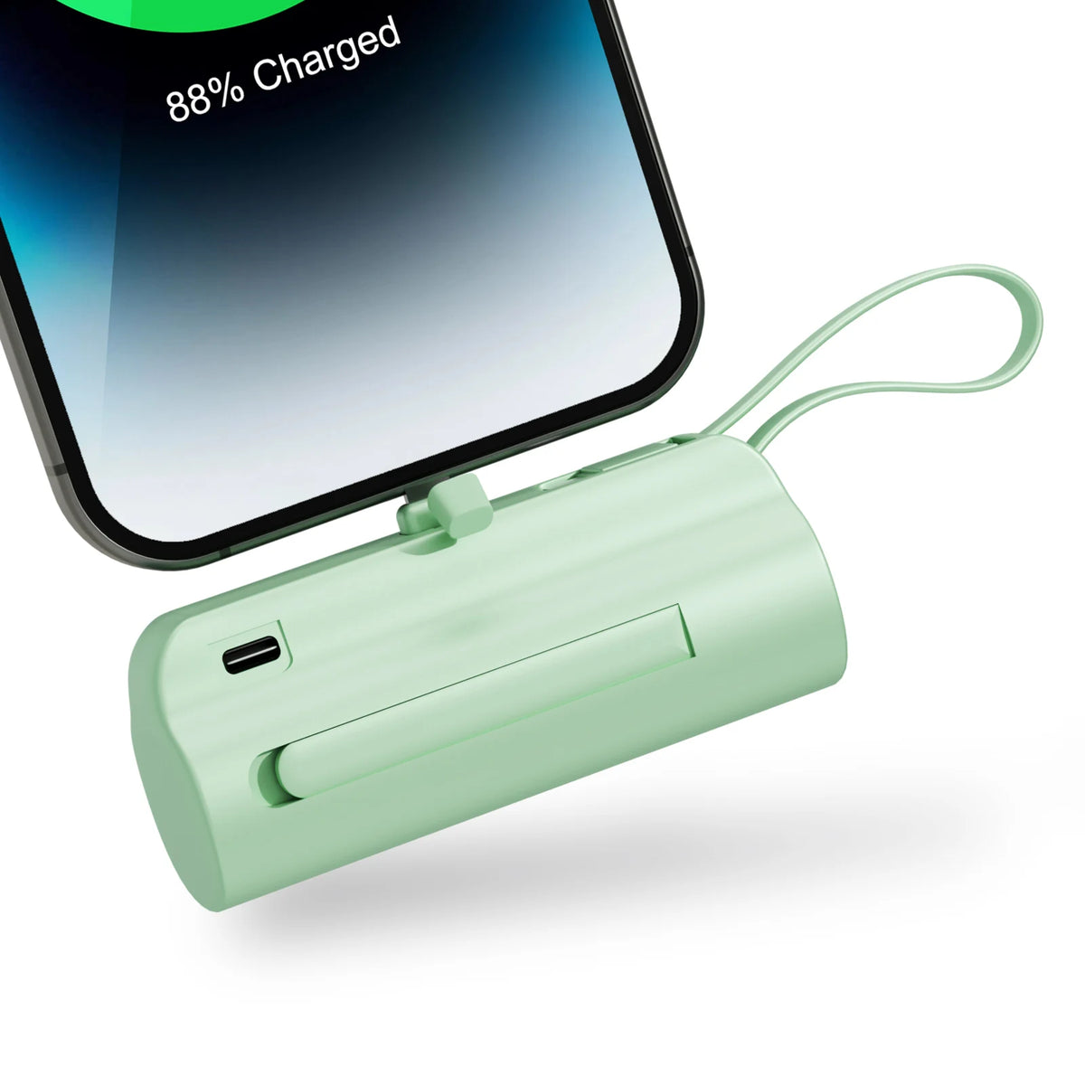 A light green compact power bank is shown next to a smartphone displaying 88% charge.