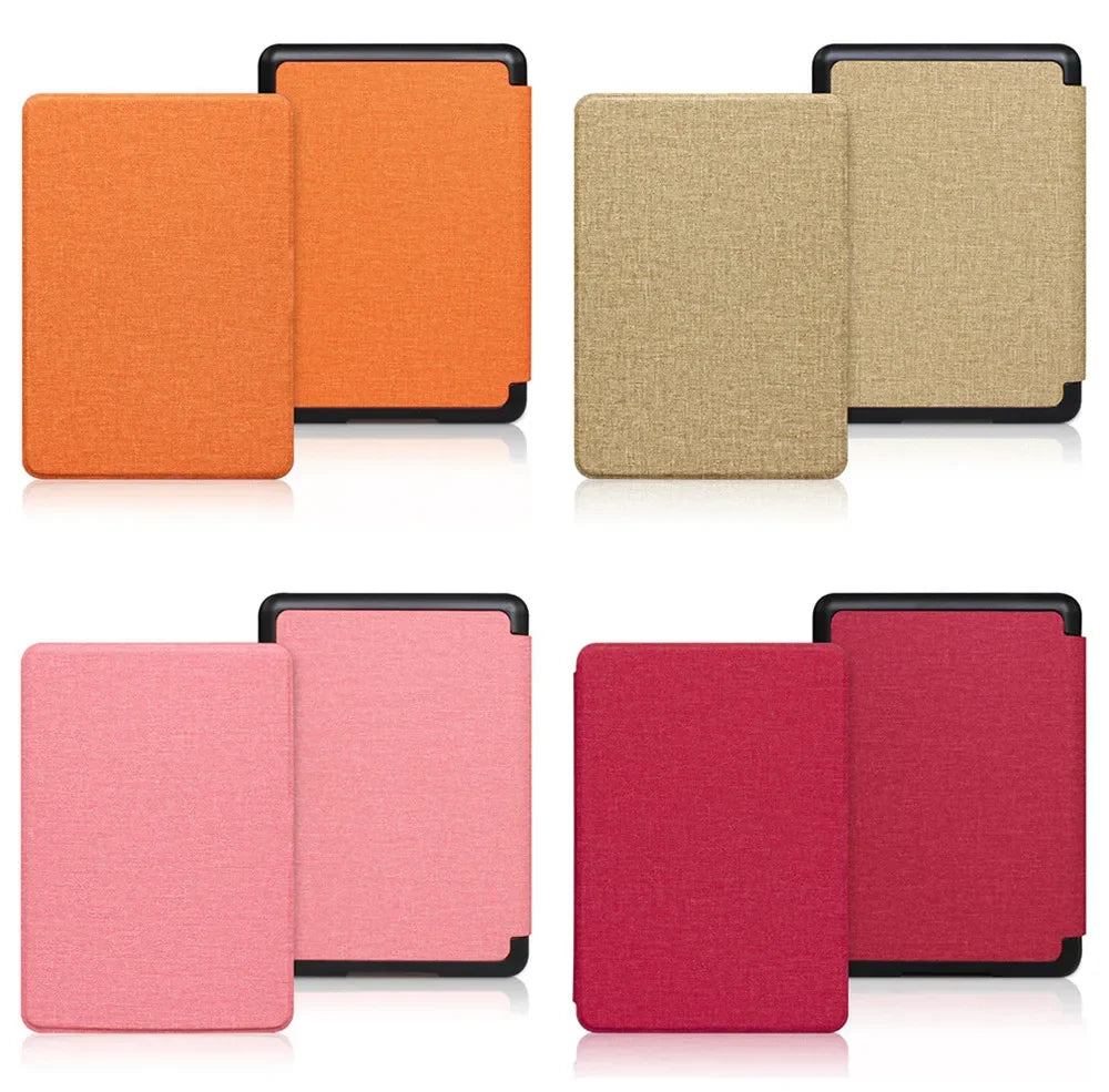A set of four premium leather cases in orange, beige, pink, and magenta for a Kindle Paperwhite device.