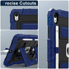 A blue protective case for an Apple iPad showing various angles and features.