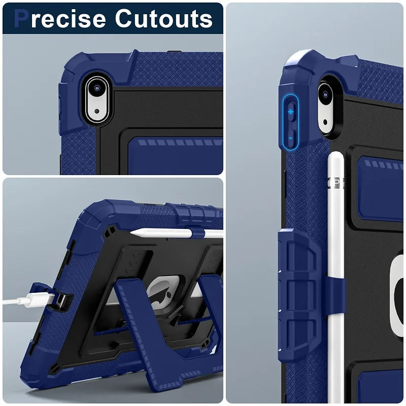 A blue protective case for an Apple iPad showing various angles and features.