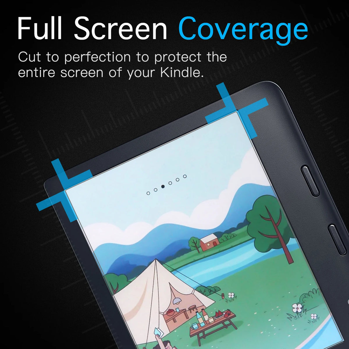 A close-up of a Kobo Libra e-reader screen being protected by a full screen coverage anti-glare protector.