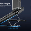 A laptop is mounted on an adjustable stand with seven levels of height for enhanced viewing and typing experience.