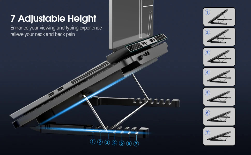 A laptop is mounted on an adjustable stand with seven levels of height for enhanced viewing and typing experience.