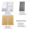 Various standard sized items including a PVC bag, kraft bag, and pencil board.