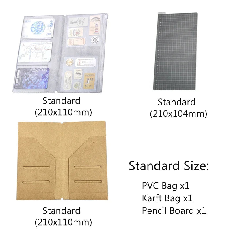 Various standard sized items including a PVC bag, kraft bag, and pencil board.