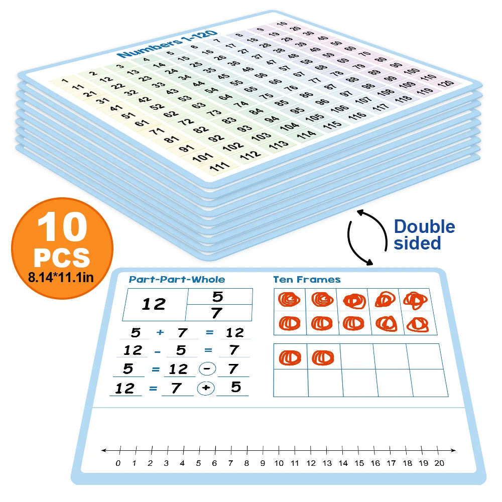 A set of ten frames for practicing addition and subtraction using numbers 1 through 120.