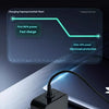 A black universal laptop charger adapter is shown plugged into a power strip, with a diagram illustrating trickle charge and 