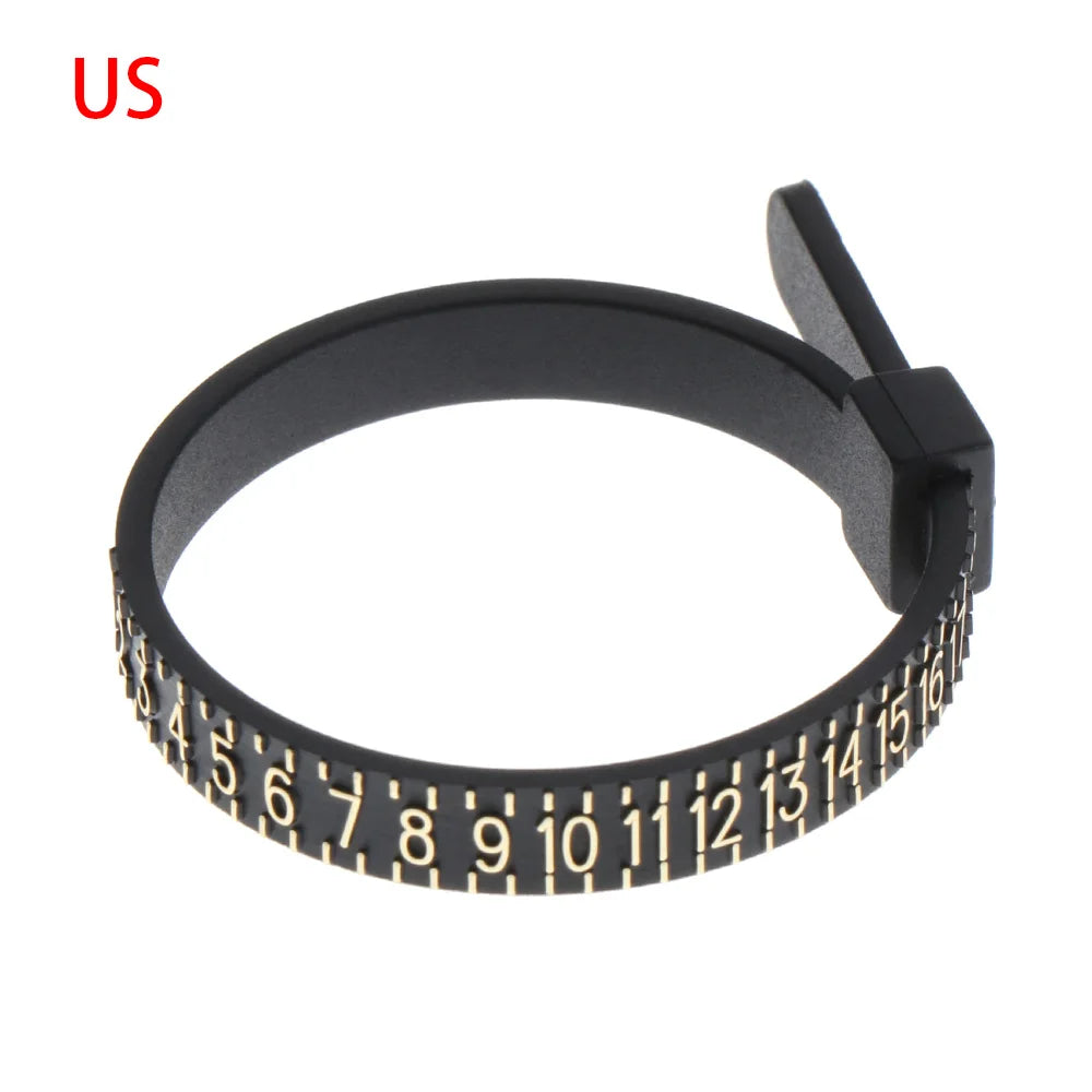 A black precision ring sizer and gauge tool with a numbered scale on the inner surface.