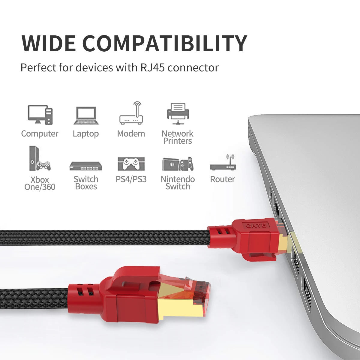 موصل كابل إيثرنت أحمر RJ45 موصول بمنفذ حاسوب محمول، يوضح التوافق الواسع مع مختلف الأجهزة