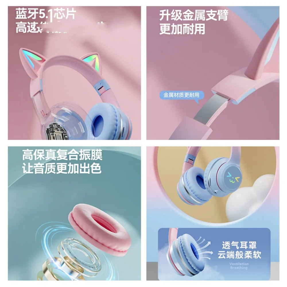 Close-up shots of gradient RGB cat ear Bluetooth headphones highlighting features like enhanced metal support and color chang