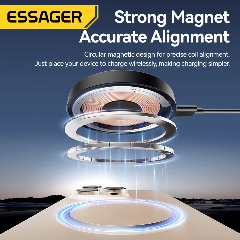 A circular magnetic wireless charger device is shown aligning precisely above a charging pad.