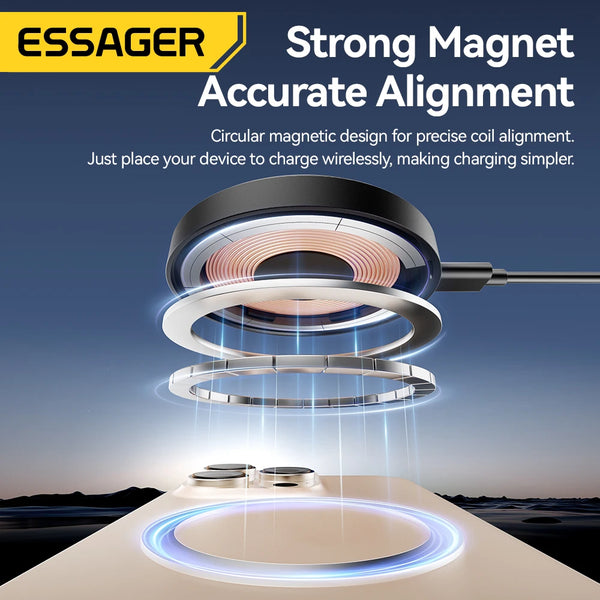 A circular magnetic wireless charger device is shown aligning precisely above a charging pad.