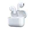 A white charging case for true wireless earbuds with a detachable earbud and charging stem.
