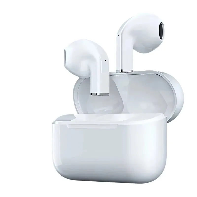 A white charging case for true wireless earbuds with a detachable earbud and charging stem.
