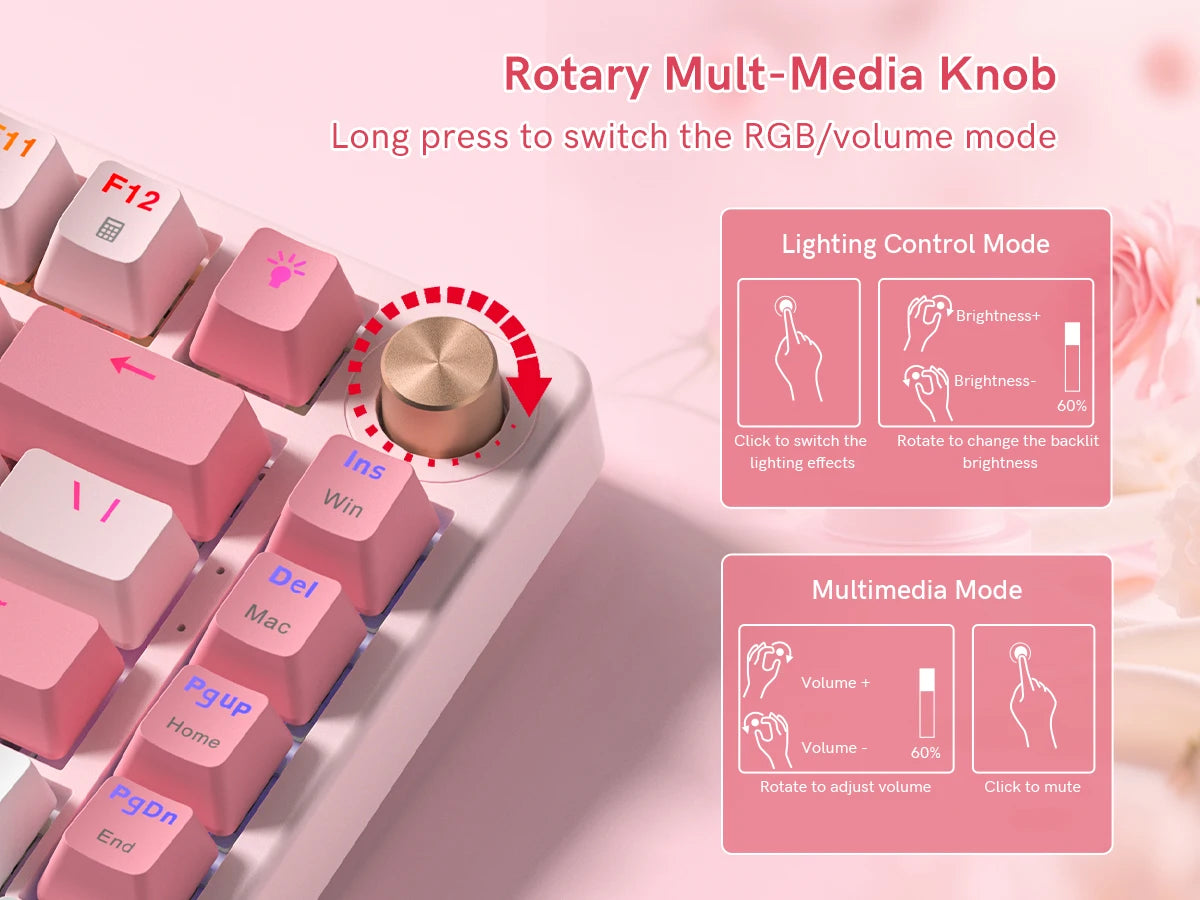 A close-up of a pink mechanical keyboard showing various keys and a rotary knob for switching lighting modes.